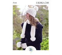 UKHKA Aran Knitting Pattern - Ladies Cable Knit Accessories Hat Scarf & Mittens 240