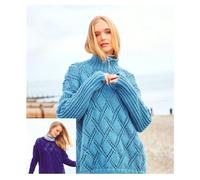 UKHKA Chunky Knitting Pattern for Ladies Diamond Lace Round or Cowl Neck Sweater 225