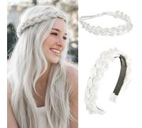 Ukithairtinsel Braided Headbands for Women, 2 Pcs Handmade Fashion Braid Headband with Teeth and Elastic Stretch Braids Hairband for Girls Beauty Hair Accessories Party Festival Halloween (White)