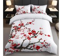 UKIXOM Red Cherry Blossom Duvet Cover Set - Japanese Floral Design, Soft Polyester Bedding Machine Washable Bedroom Decor 180x220cm*1/50x75cm*2