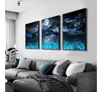 UKIXOM Sailboat On The Lake Deep Night Still Life Canvas Prints Moon Light Mountain Natural Landscape Poster Home Wall Art Paintings(40x65cm(16x26in) x3/innerframe)