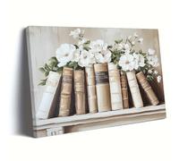 UKIXOM Vintage Books White Flowers Canvas Art Print, Rustic Wall Decor, for Home Office, Perfect Valentine'S Day Book Decor(60x90cm(24x35in)/InnerFrame)