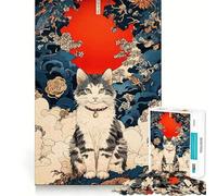 Ukiyo-e Cat Portrait with Red Sun Jigsaw for Teenagers 1000 Pieces Mind Boost Fun Clean Cut Sturdy Components Heartwarming Gathering Activity (38x52cm)