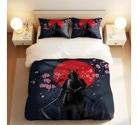Ukiyo-e Cherry Blossom Samurai Duvet Cover Set, 3 Piece Bedding, Oriental Ink Style for Bedroom Decor (05,Single + 80 x 80cm x2)