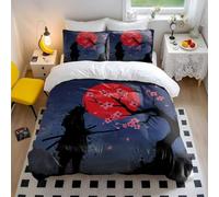 Ukiyo-e Cherry Blossom Samurai Duvet Cover Set, 3 Piece Bedding, Oriental Ink Style for Bedroom Decor (03,King + 50 x 75cm x2)
