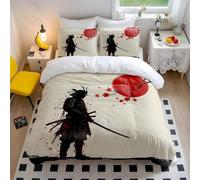 Ukiyo-e Cherry Blossom Samurai Duvet Cover Set, 3 Piece Bedding, Oriental Ink Style for Bedroom Decor (02,King + 50 x 75cm x2)