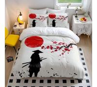 Ukiyo-e Cherry Blossom Samurai Duvet Cover Set, 3 Piece Bedding, Oriental Ink Style for Bedroom Decor (01,Double + 50 x 75cm x2)