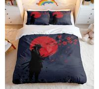 Ukiyo-e Cherry Blossom Samurai Duvet Cover Set, 3 Piece Bedding, Oriental Ink Style for Bedroom Decor (04,Double + 50 x 75cm x2)