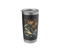 Ukiyo-e Inspired Samurai Cat Surfing Waves Great White Shark Stainless Steel Insulated Tumbler