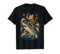 Ukiyo-e Inspired Samurai Cat Surfing Waves Great White Shark T-Shirt