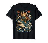 Ukiyo-e Inspired Samurai Cat Surfing Waves Great White Shark T-Shirt