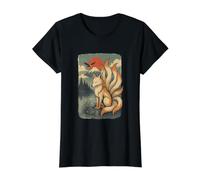 Ukiyo-E Japanese Kitsune Nine-Tailed Fox Value Graphic T-Shirt, Women, Black, M