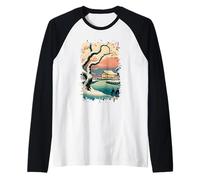 Ukiyo E Japanese Pavilion Winter Scene Serene Landscape Art Raglan Baseball Tee