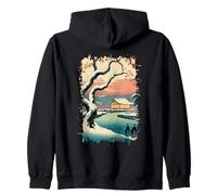 Ukiyo E Japanese Pavilion Winter Scene Serene Landscape Art Zip Hoodie