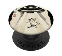 Ukiyo-e Style UFO Abducting Cute Cat Ink Art Painting PopSockets Adhesive PopGrip