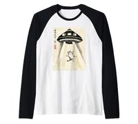 Ukiyo-e Style UFO Abducting Cute Cat Ink Art Painting Raglan Baseball Tee