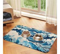 Ukiyo-e style waves Pet Water Absorbent Faux Leather Feeding Mat 40x60cm Non Slip Durable Mat for Cat and Dog Bowls