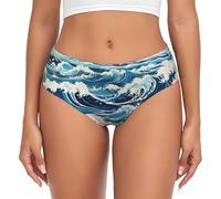 Ukiyo-e style waves Print Women's Briefs, Soft No Show Bikini Thong Panties, Breathable Comfort Underwear,for Daily wear, Black, XXL