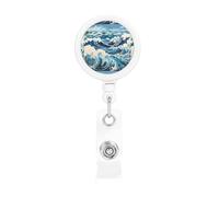Ukiyo-e Style Waves Retractable Badge Holder. Stylish Full-Width Print, Suitable for Offices, Schools, Hospitals, etc.
