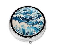 Ukiyo-E Style Waves Round Pill Box. Portable Daily Medication Organizer, Travel-Friendly Design.