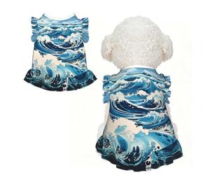 Ukiyo-e style waves Ruffle Dog Dress Frilly Sleeveless Breathable Summer Party for Small Dogs Cats L
