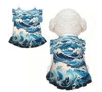 Ukiyo-e style waves Ruffle Dog Dress Frilly Sleeveless Breathable Summer Party for Small Dogs Cats M