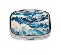 Ukiyo-E Style Waves Square Pill Box with Full Print Design - Portable Metal Travel Case for Vitamins & Medication, 2.2x1.6x0.7 Inch.