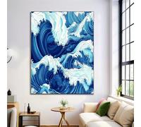 Ukiyo-E Waves Canvas Wall Art Painting - Wall Decor Modern Royal Blue Pictures Room Decoration Japanese Aesthetics Print Poster Artwork For Living Room Home Decor Unframed 31X47In