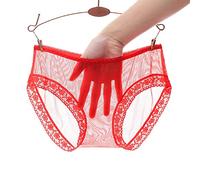 UKKD Lace Panties 2Pc Full Transparent See Through Lace Mesh Panties Women Sexy Seamless Briefs Ladies Solid Thin Underwear Panties-Red,Xl