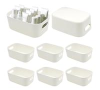 UKONWIT 8 Pcs Plastic Storage Baskets & Boxes for Kitchen Storage & Organisation, Bathroom Small Boxes for Shelves, Bathroom Basket with Handle, White, Suitable for Office and Home