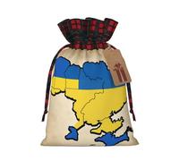 Ukraine Flag Map Plane Graph Print Christmas Party Gift Bags, Linen Drawstring Xmas Holiday Wedding Treat Candy Jewelry Sacks, Color Blocking Plaid Fabric