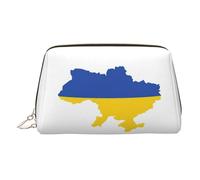 Ukraine Flag Map Print Premium Leather Toiletry Travel Pouch with Waterproof Portable Pouch Open Flat Makeup Bag