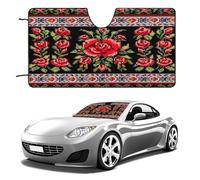 Ukrainian Embroidery Style Rose Car Windshield Sun Shade - Reflector Sunshade Offers Ultimate Protection for Car Interior, Cool Reflective Sun Blocker Fits Small Sedans, Mini SUVs 55"x30"