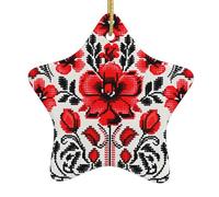 Ukrainian Embroidery Style Rose Christmas Ceramic Star Ornament with Hanging Cord, Double-Sided Print Hanging Decoration for Home & Tree