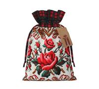 Ukrainian Embroidery Style Rose Christmas Drawstring Linen Gift Bag Paired With Scottish Plaid Fabric, With A Delicate And Simple Texture