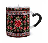 Ukrainian Embroidery Style Rose Color Changing Mug Heat Changing Coffee Mugs Funny Magic Cup Heat Sensitive Travel Mug Novelty Coffee Cups Personalized Customized Gift Idea for Men & Women 11 Oz