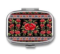 Ukrainian Embroidery Style Rose Pill Box 2-Compartment Portable Pill Case Square Metal Medication Organizer Small Weekly Medication Case with Mirror Stylish Vitamin Holder for Purse Pocket Travel