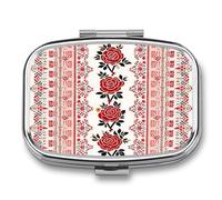 Ukrainian Embroidery Style Rose Pill Box 2-Compartment Portable Pill Case Square Metal Medication Organizer Small Weekly Medication Case with Mirror Stylish Vitamin Holder for Purse Pocket Travel