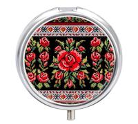 Ukrainian Embroidery Style Rose Pill Box 3 Compartment Travel Pill Organizer with Small Mirror Portable Pillcase for Pocket & Purse Cute Round Medicine Case Weekly Medicine Container