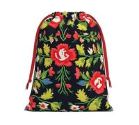Ukrainian Embroidery Style Rose Print Christmas Drawstring Gift Bags, Xmas Holiday Fabric Gift Wrapping Bag For Party, Size-L