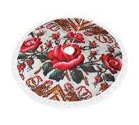 Ukrainian Embroidery Style Rose Print Christmas Tree Skirt 36 inch, Xmas Tree Skirts Mat with Fringe Border for Christmas Holiday Party Decorations