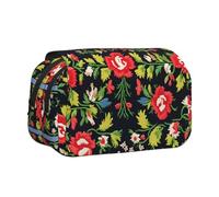 Ukrainian Embroidery Style Rose Print Double Clamshell Pen Case, Zipper Pockets, Large Capacity For Art Supplies & Travel