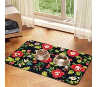Ukrainian Embroidery Style Rose Print Pet Food Mat Absorbent Non Slip PU Leather Feeding Mat for Dogs Cats Rubber Bottom
