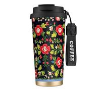 Ukrainian Embroidery Style Rose Print Stainless Steel Coffee Tumbler, Dual Use Lid with Straw, Sleek Travel Mug for Home Office