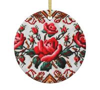 Ukrainian Embroidery Style Rose Printed Christmas Tree Ceramic Hanging Ornaments with Hanging Strings, Round-Shape Ceramic Wall Hanging Xmas Tree Decorations