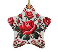 Ukrainian Embroidery Style Rose Printed Christmas Tree Ceramic Hanging Ornaments with Hanging Strings, Star-Shape Ceramic Wall Hanging Xmas Tree Decorations