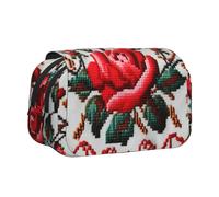 Ukrainian Embroidery Style Rose Printed Flip Pencil Case with 2 Compartments, Large Capacity, Portable Stationery Organizer for School, Travel and Art