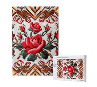 Ukrainian Embroidery Style Rose Printed Jigsaw Puzzle with Storage Box, Wooden Puzzle for Adults and Kids, 1000 Pieces Family Fun Decorative Game