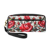 Ukrainian Embroidery Style Rose Printed Makeup Bag for Women Travel PU Leather Cosmetic Bag with Wristlet Toiletry Bag