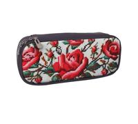Ukrainian Embroidery Style Rose Printed Pu Leather Pencil Case Box Flip Pen Bag and Makeup Cosmetic Holder for Girls Boys School Students